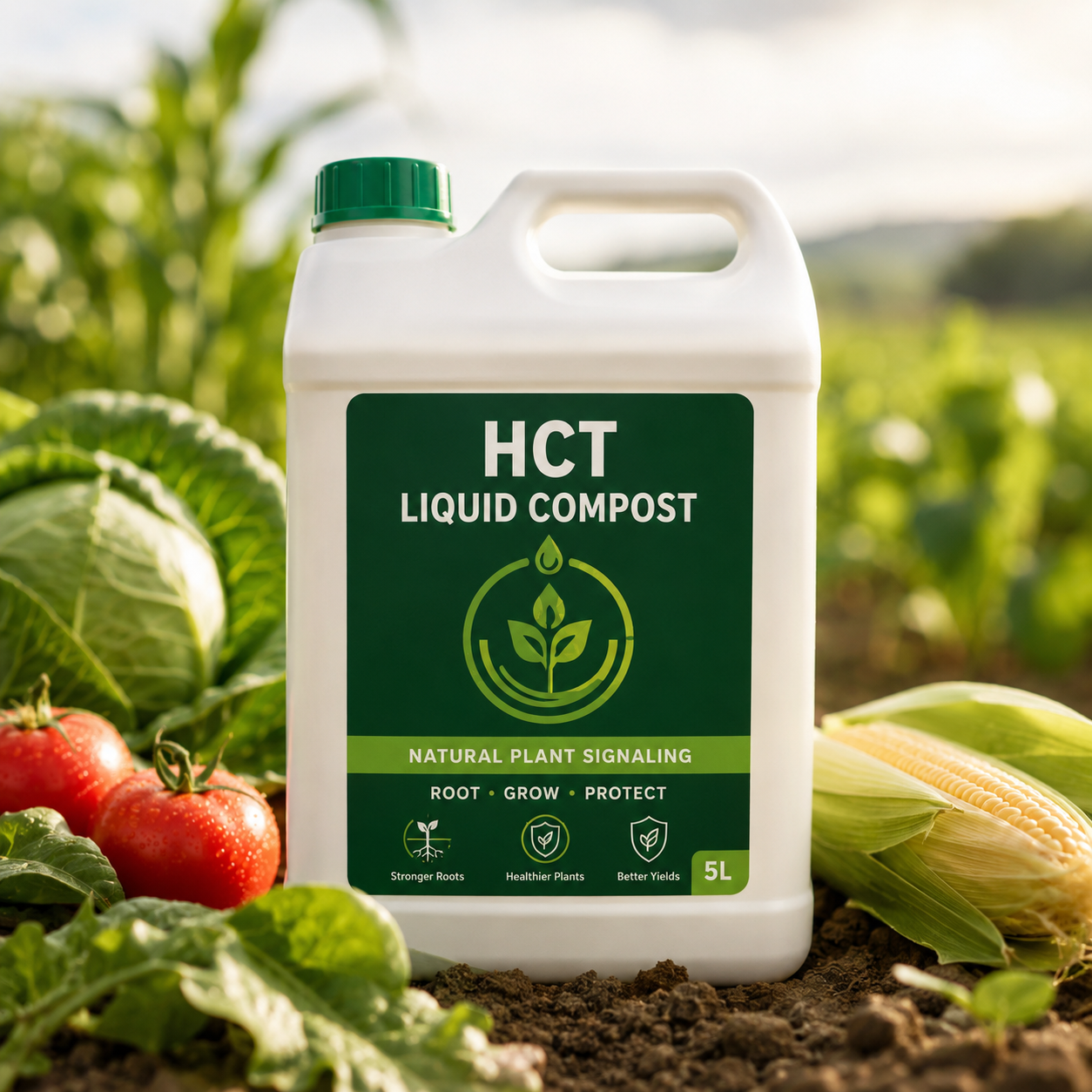 HCT Liquid Compost bottle with glowing roots and bioluminescent particles