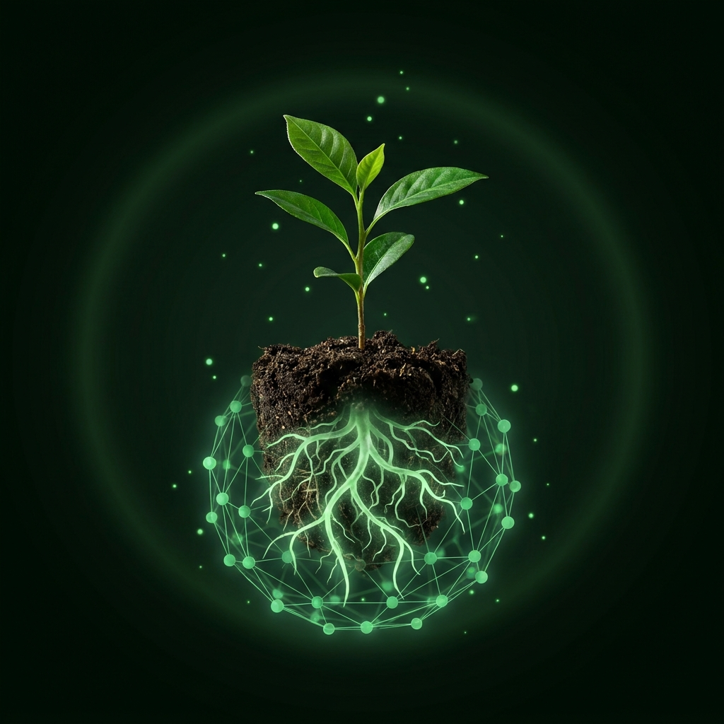 Sapling with glowing root system and molecular plant signaling network